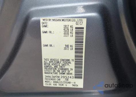 2017 Nissan Altima 2.5 Sv from USA, damaged, VIN 1N4AL3AP7HC205243